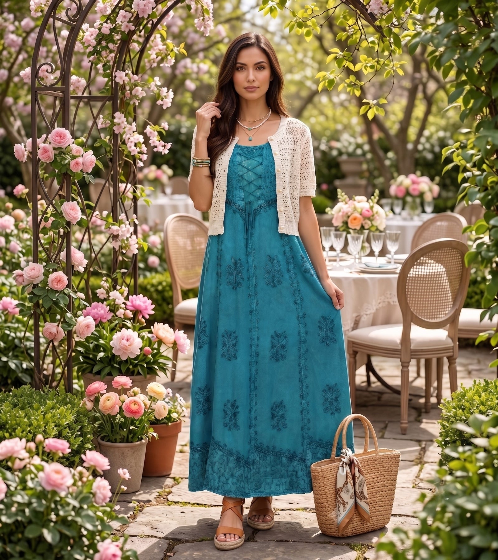 Sakkas Stella Long Tank Top Adjustable Caftan Corset Dress With Embroidery