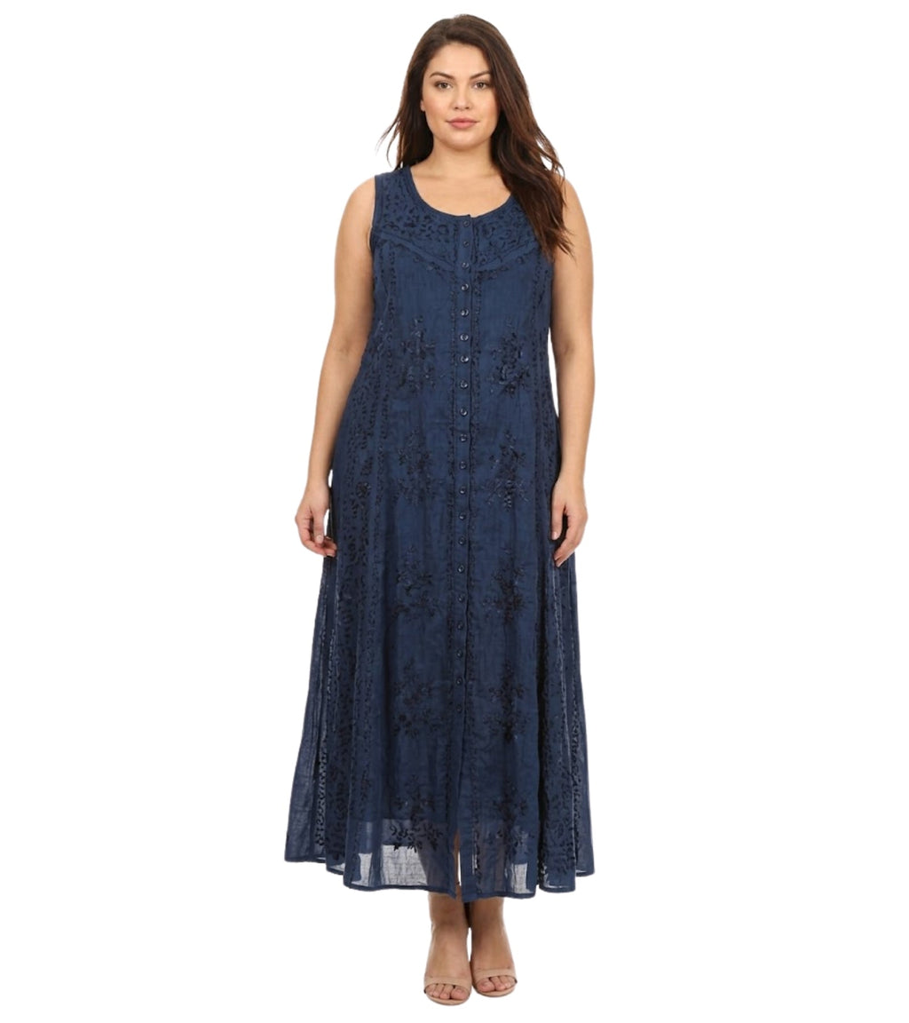 Sakkas Beverlee Embroidered Button Down Sleeveless Caftan Dress