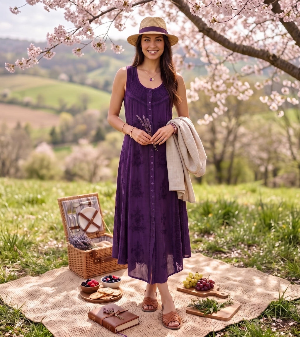 Sakkas Beverlee Embroidered Button Down Sleeveless Caftan Dress
