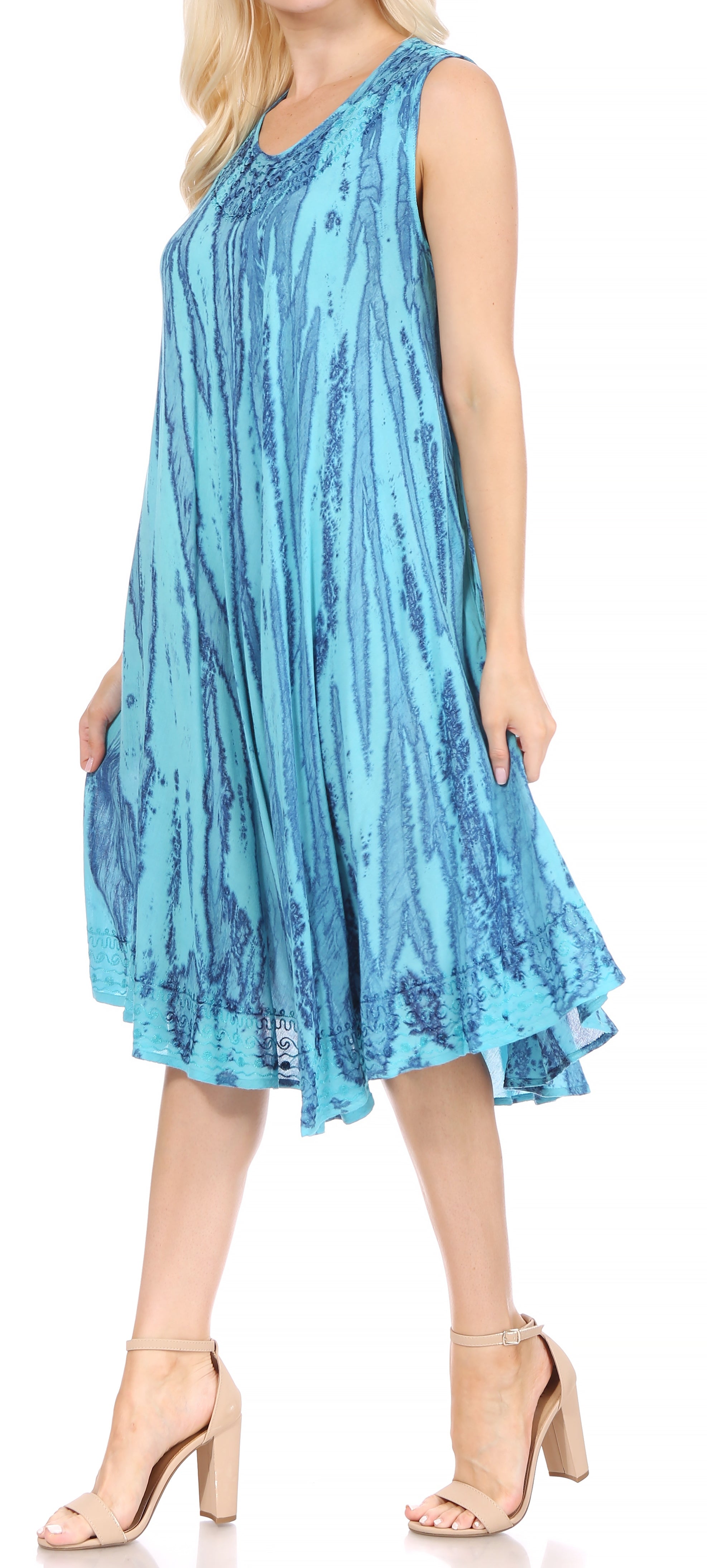 Sakkas Nora Sleeveless Embroidered Short Tie Dye Caftan Dress / Cover Up