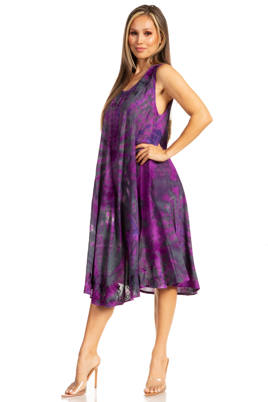 Sakkas Nora Sleeveless Embroidered Short Tie Dye Caftan Dress / Cover Up