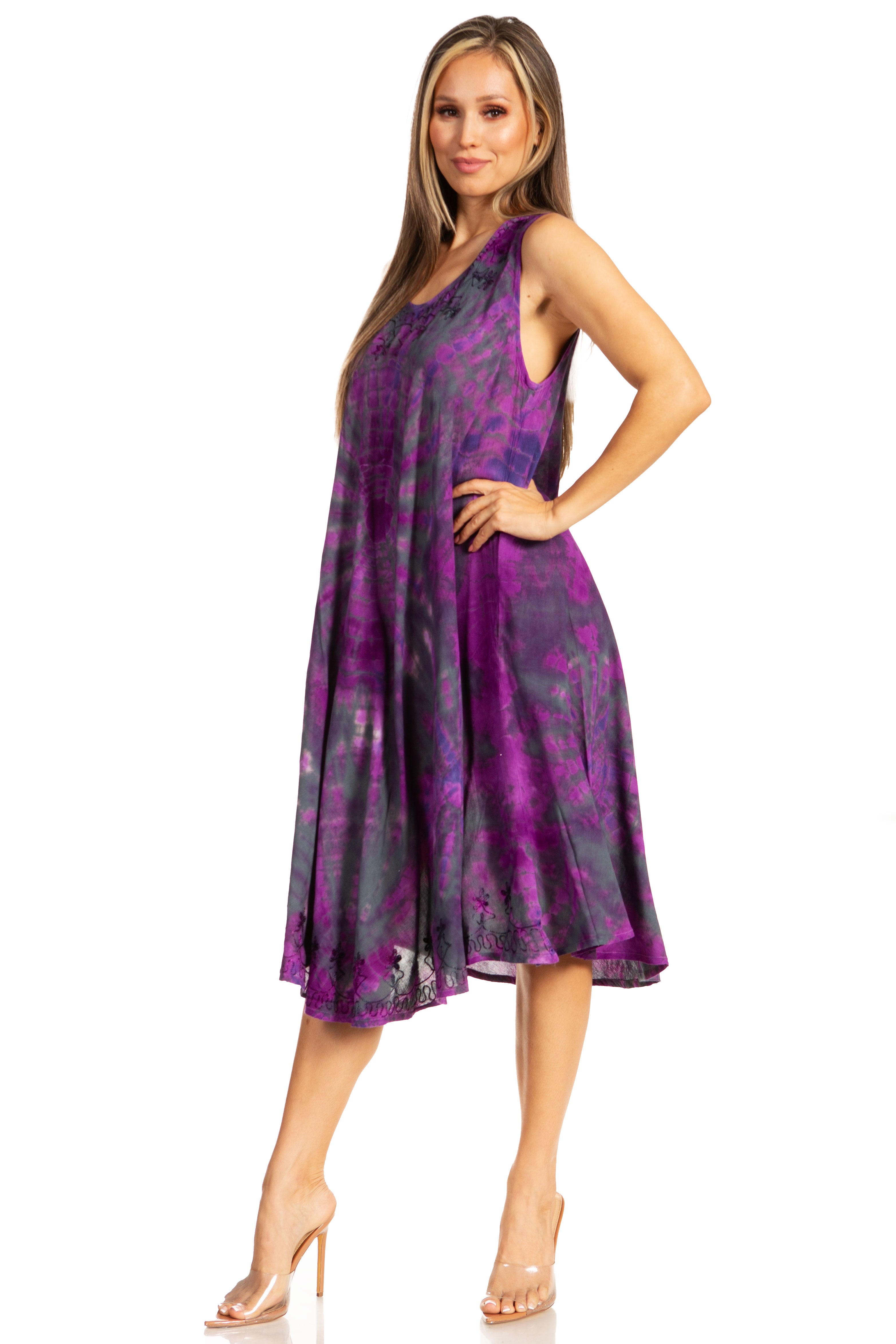 Sakkas Nora Sleeveless Embroidered Short Tie Dye Caftan Dress / Cover Up