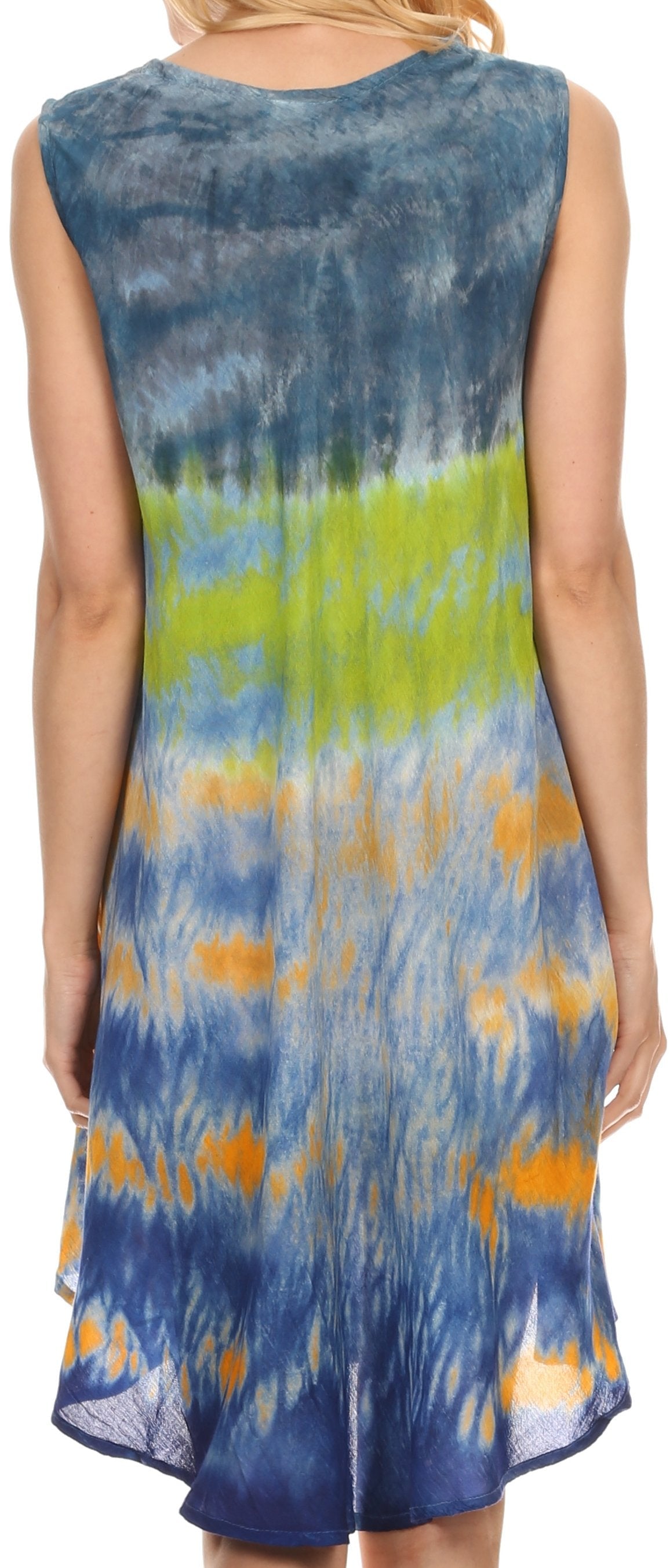 Sakkas Nora Sleeveless Embroidered Short Tie Dye Caftan Dress / Cover Up