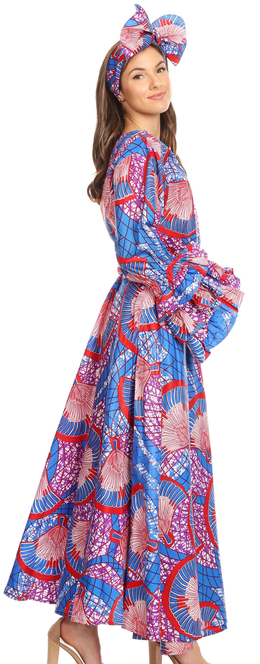 Sakkas Tale Women's Maxi Long Sleeve Wrap Dress with Pockets African Ankara Print