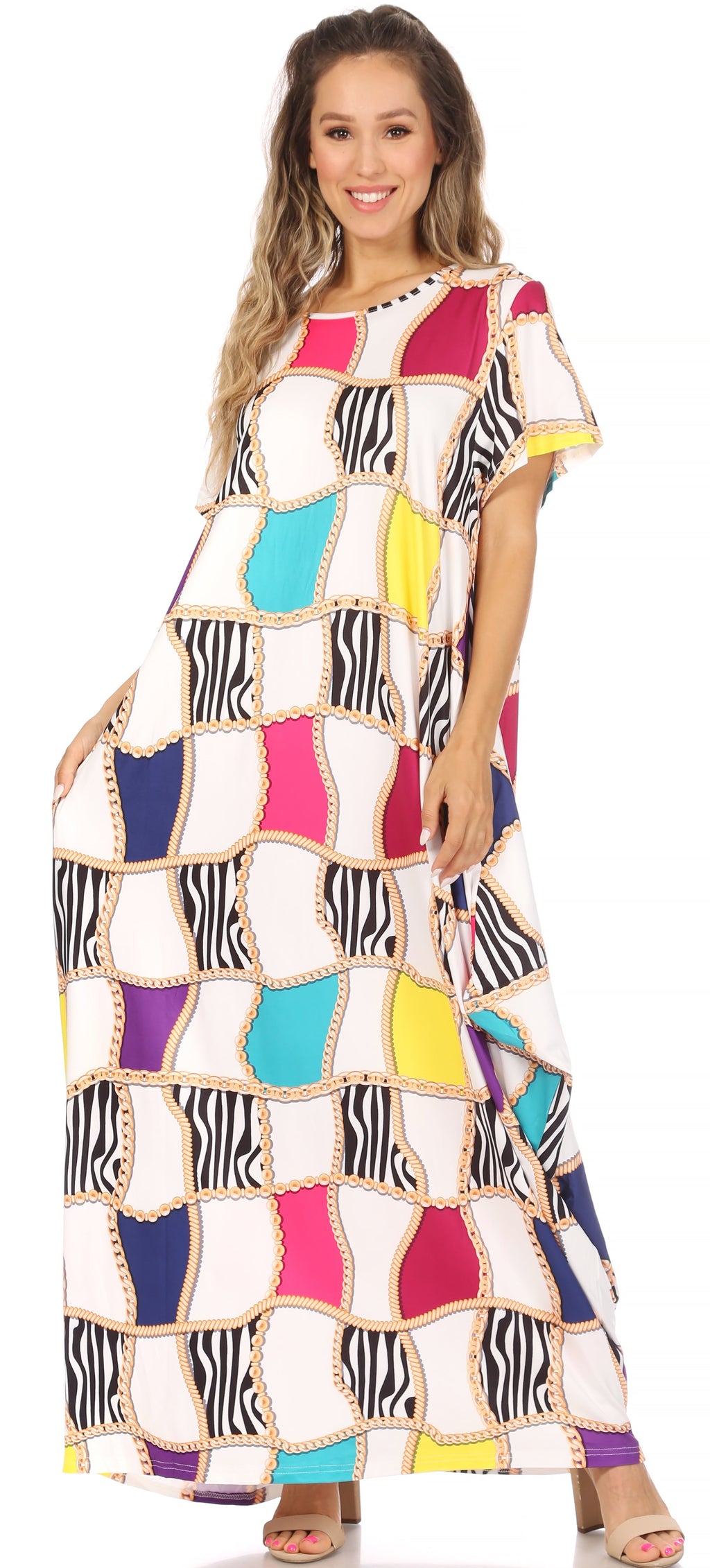 Sakkas Abeni Women's Short Sleeve Casual Print Long Maxi Cover-up Caftan Dress