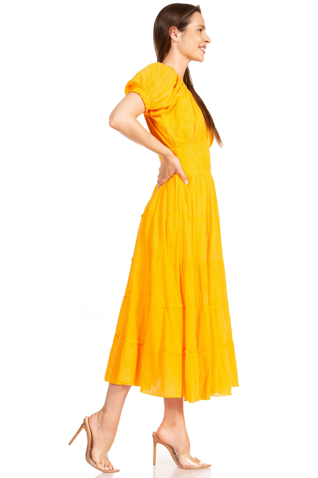 Sakkas Cotton Crepe Smocked Peasant Gypsy Boho Renaissance Mid Length Dress