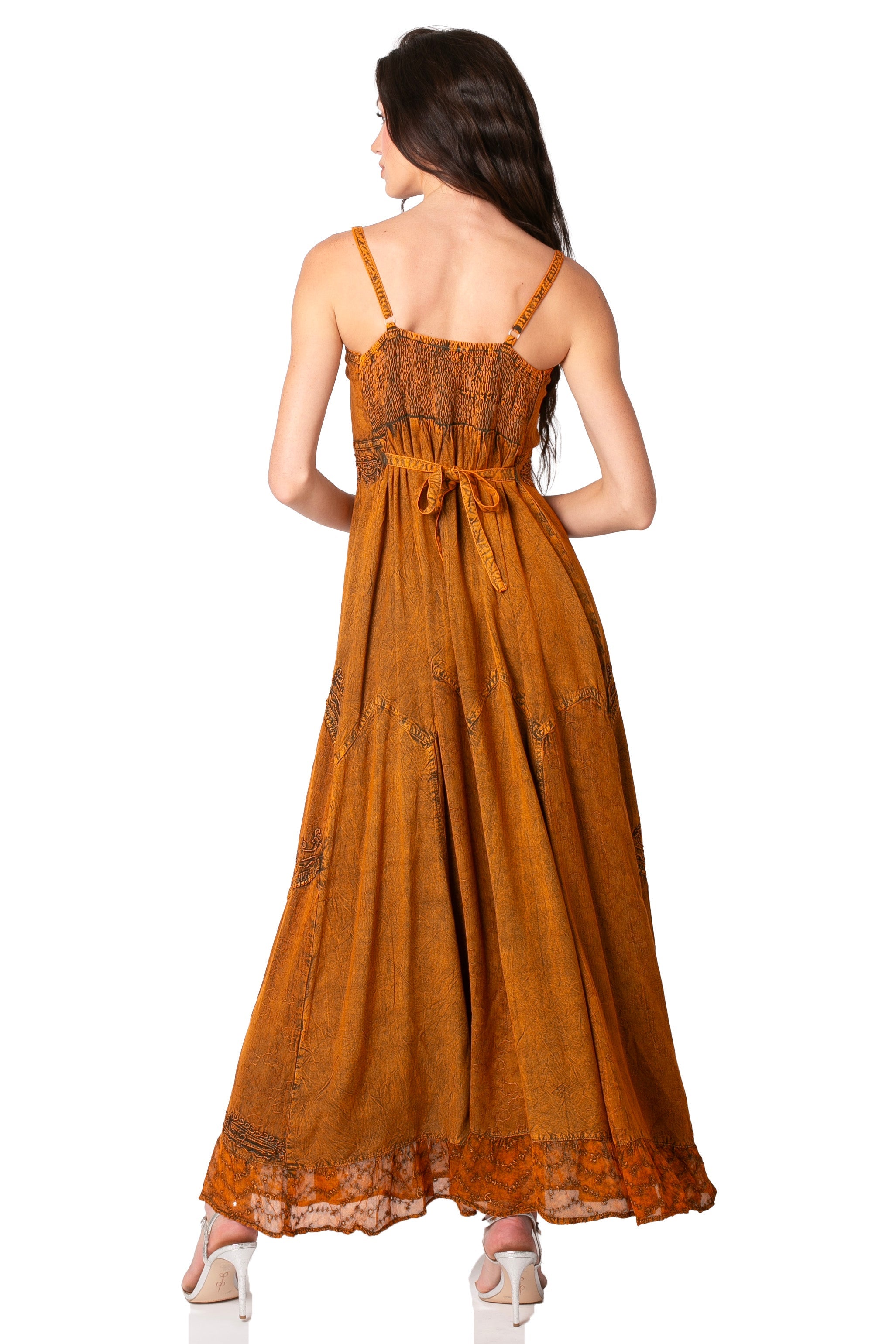 Sakkas Stonewashed Rayon Embroidered Adjustable Spaghetti Straps Long Dress