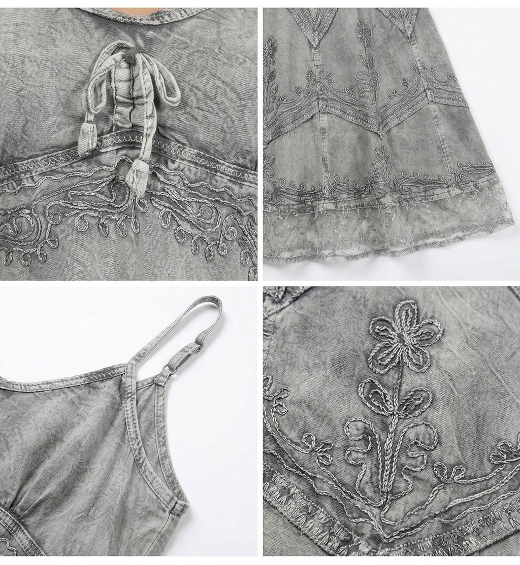 Sakkas Stonewashed Rayon Adjustable Spaghetti Straps Mid Length Dress
