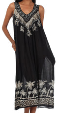 Sakkas Embroidered Palm Tree V-Neck Caftan Cotton Dress