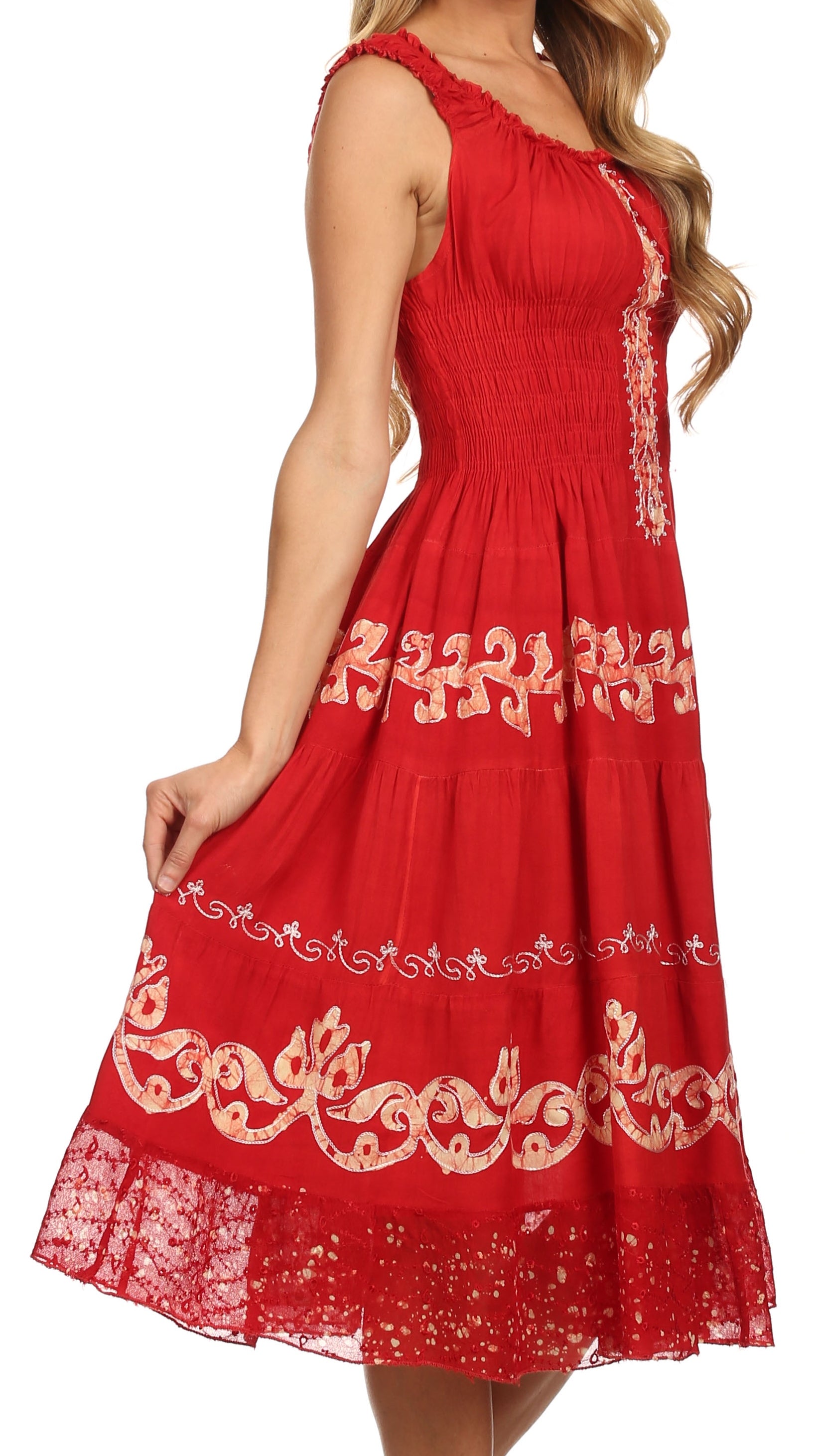 Sakkas Gigi Boho Sleeveless Smocked Waist Embroidered Mid-Length Batik Dress