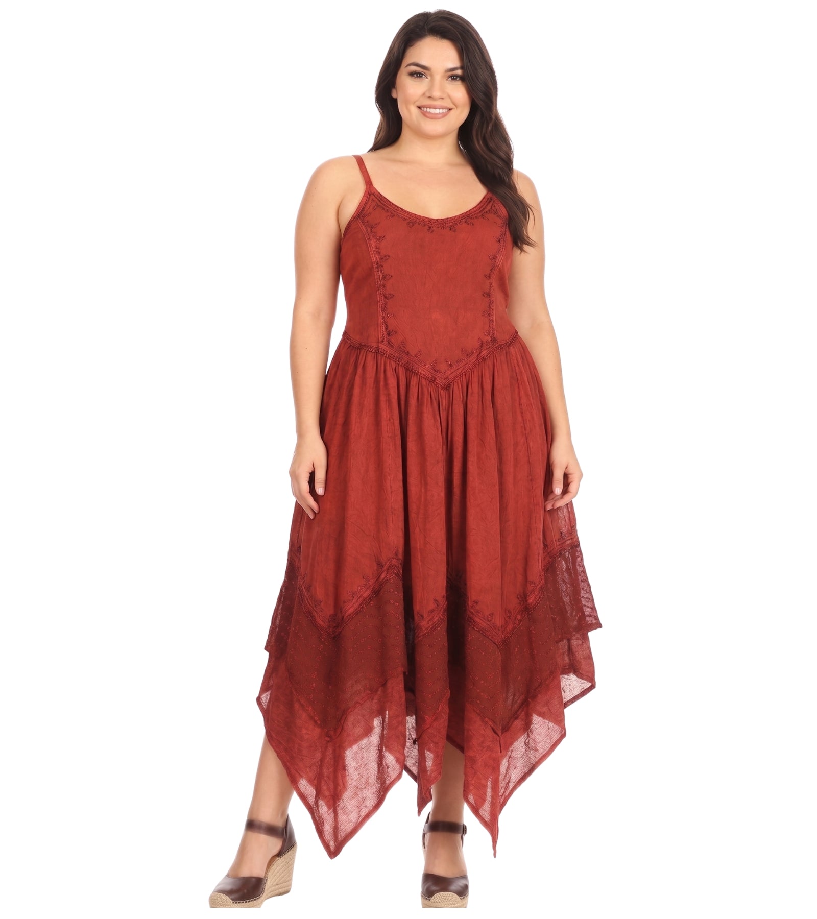 Sakkas Rayon Embroidered Stonewashed Adjustable Spaghetti Straps Long Dress