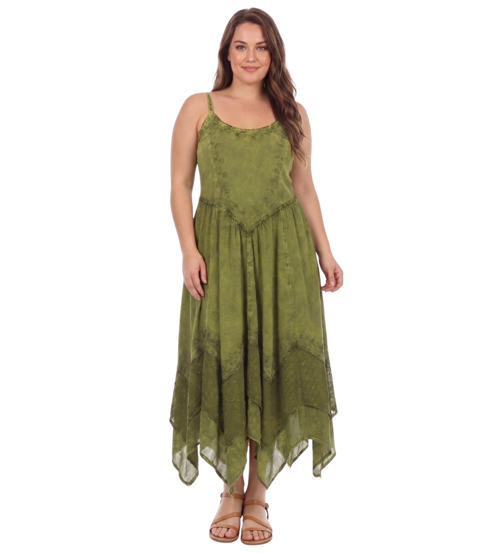 Sakkas Rayon Embroidered Stonewashed Adjustable Spaghetti Straps Long Dress