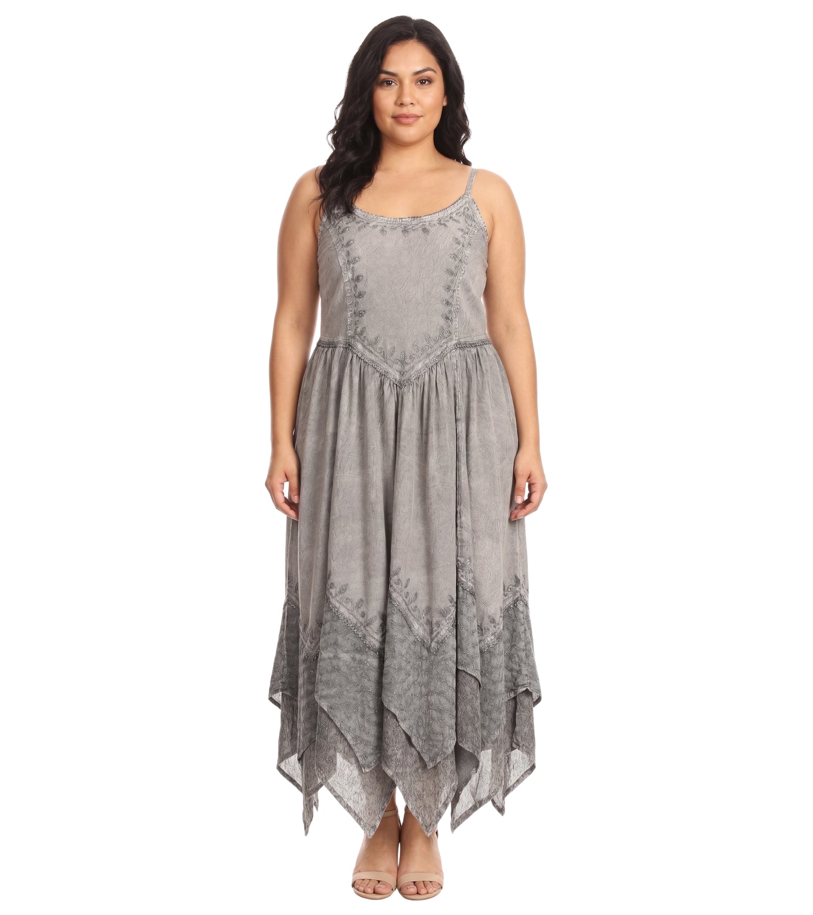 Sakkas Rayon Embroidered Stonewashed Adjustable Spaghetti Straps Long Dress