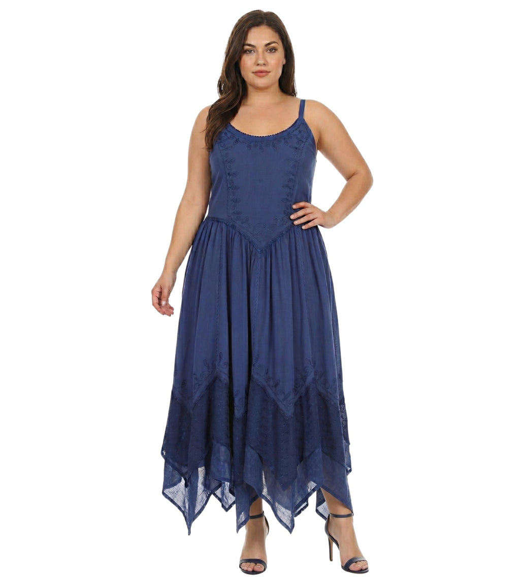 Sakkas Rayon Embroidered Stonewashed Adjustable Spaghetti Straps Long Dress