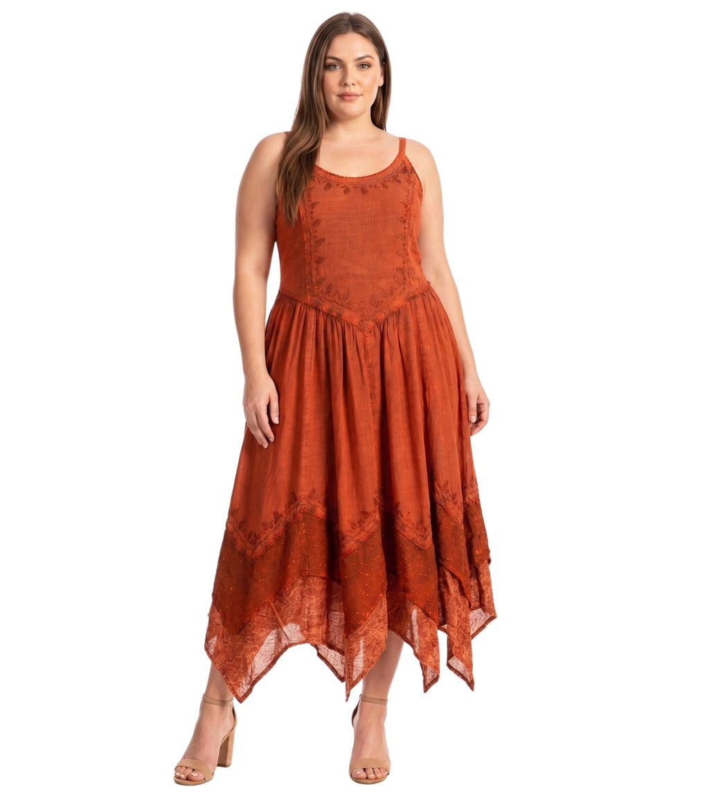 Sakkas Rayon Embroidered Stonewashed Adjustable Spaghetti Straps Long Dress