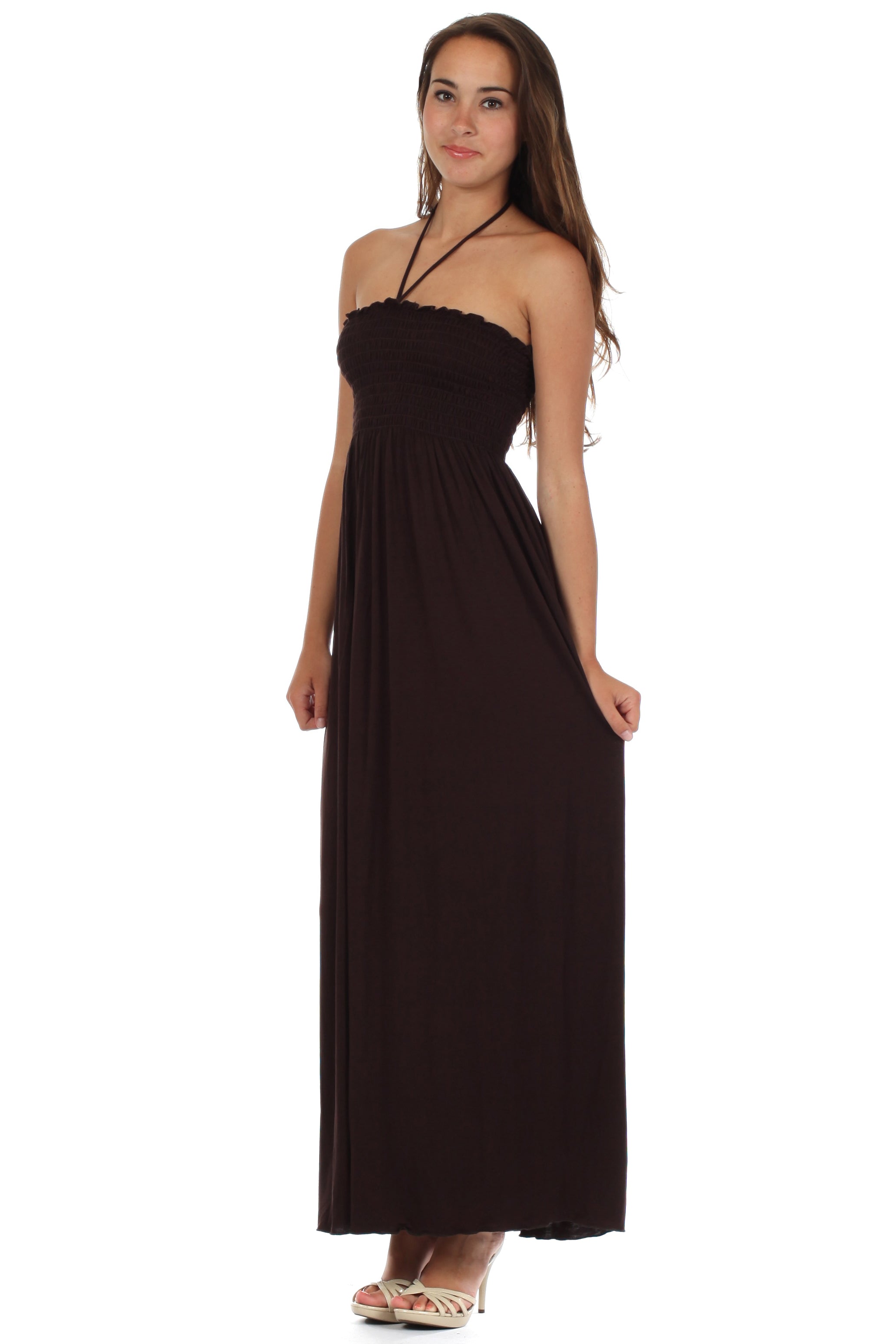 Sakkas Soft Jersey Feel Solid Color Smocked Bodice String Halter Long Dress