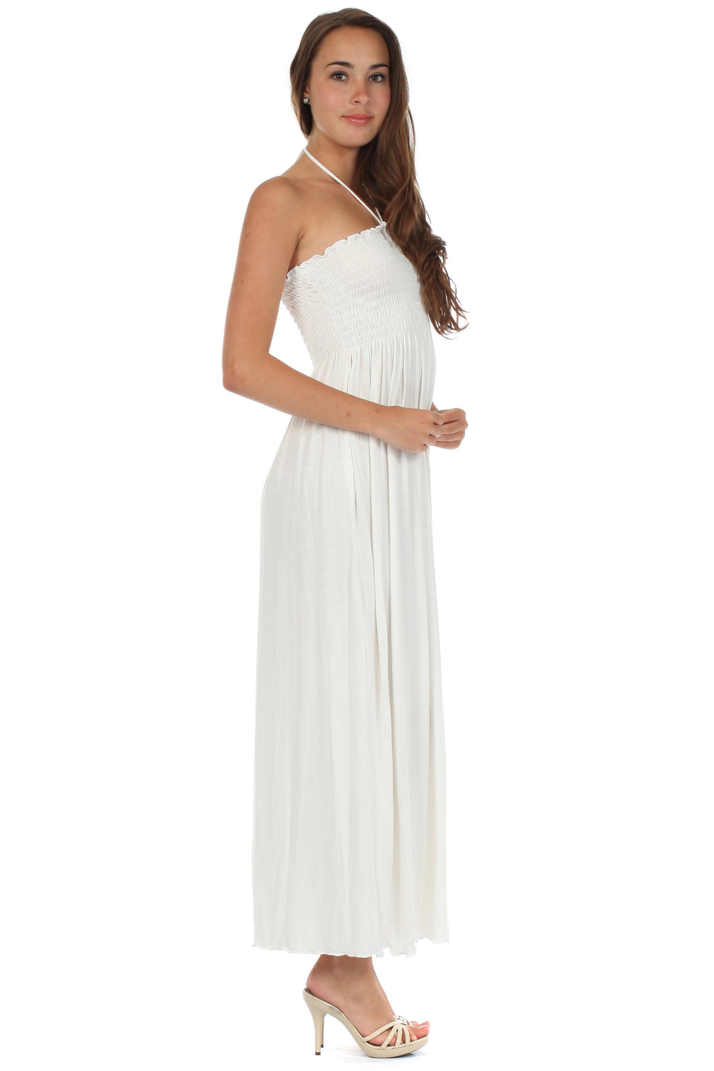 Sakkas Soft Jersey Feel Solid Color Smocked Bodice String Halter Long Dress
