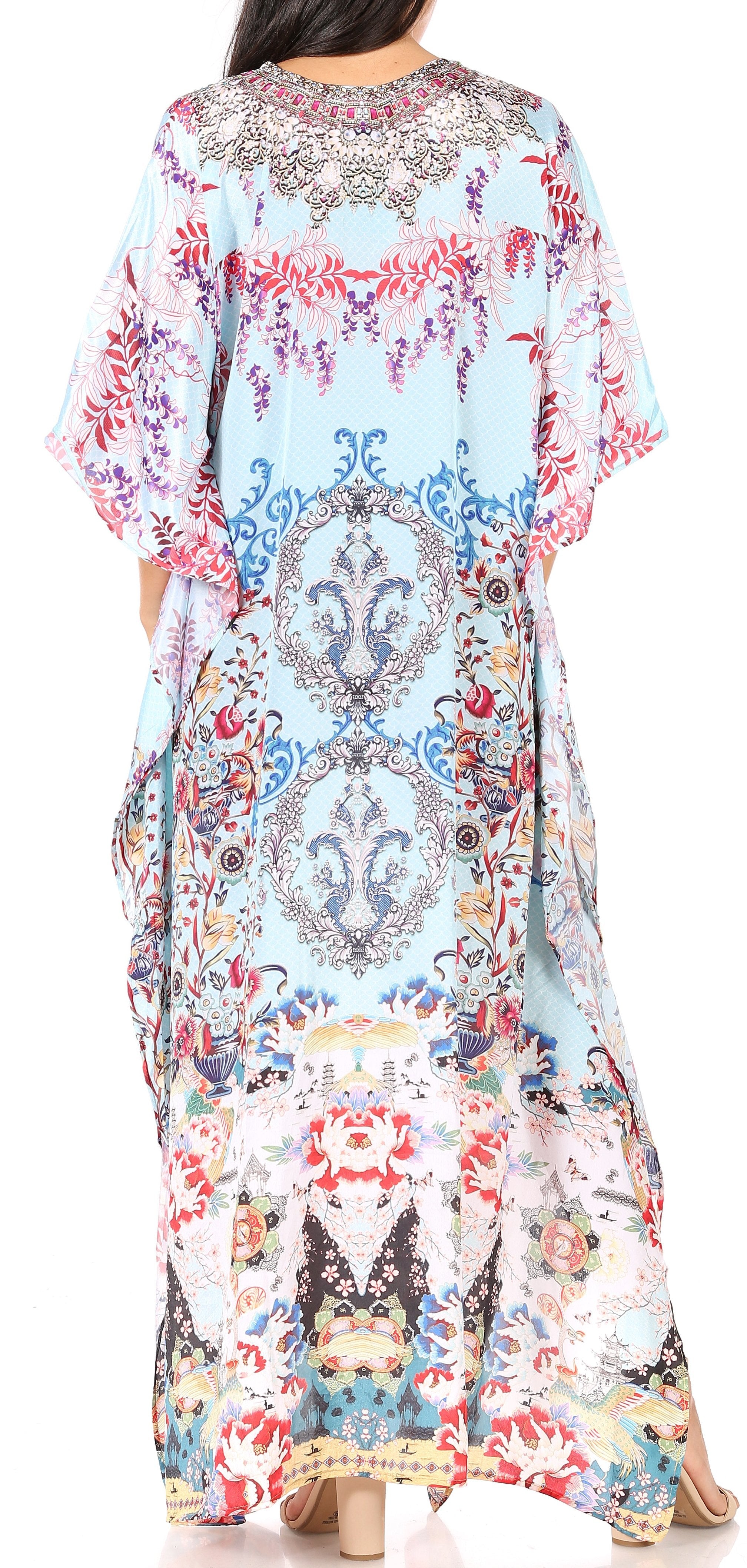 Sakkas Yeni Women's Short Sleeve V-neck Summer Floral Long Caftan Dress Cover-up