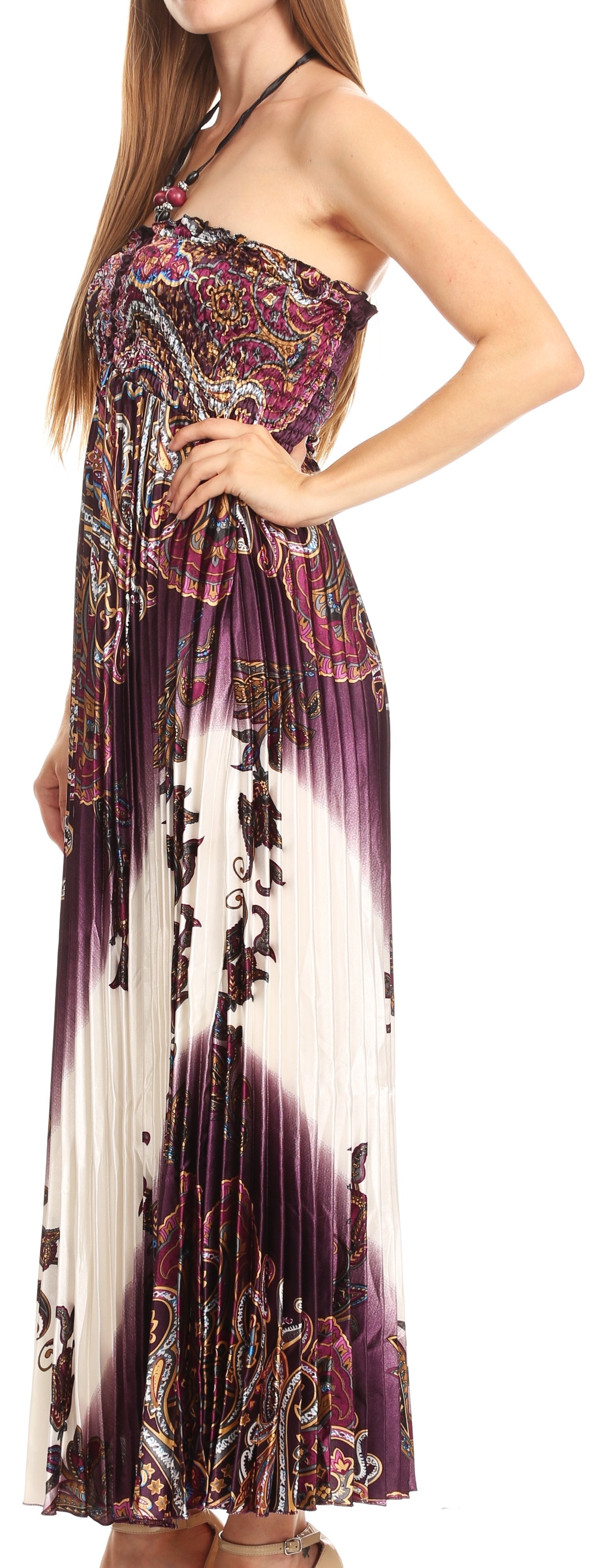Sakkas Vanna Strapless Pleated Satin Summer Mid Dress Adjustable