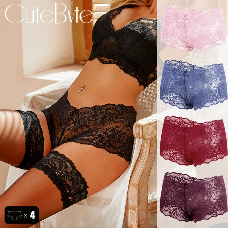 4Pcs Lace Sexy Lingerie Female Low-Waist Breathable Lingerie Hollow Out Comfortable Underpants Transparent Sexy Intimates S-XXL