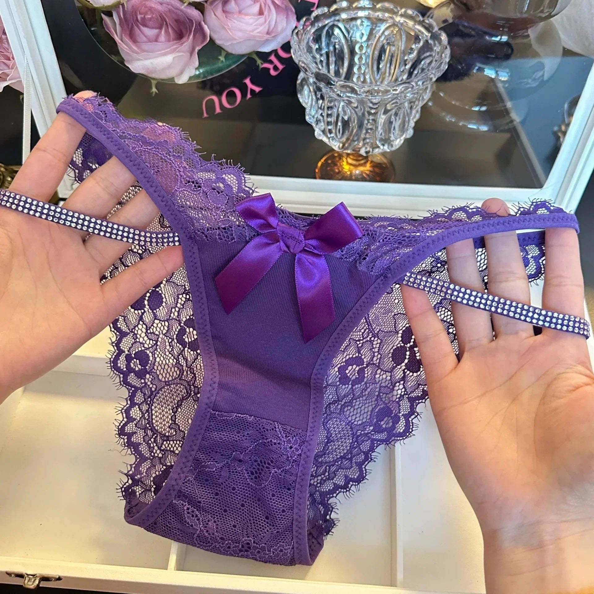 Lace Rhinestones Girls Sexy G String Panties Women Underwear Briefs Hollow Out Thong Transparent Lingerie Intimates