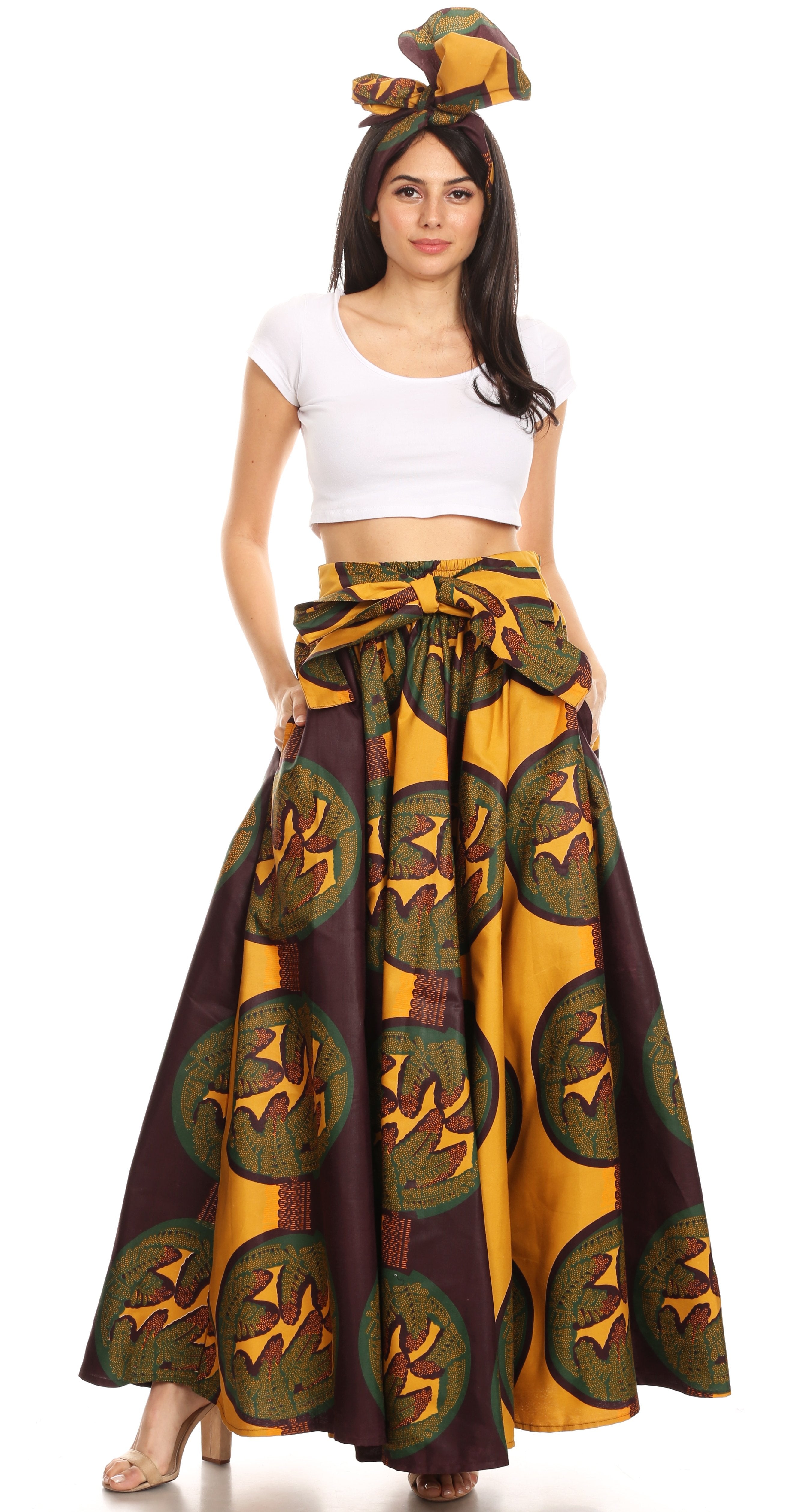 Sakkas Ami Women's Maxi Long African Ankara Print Skirt Pockets & Elastic Waist