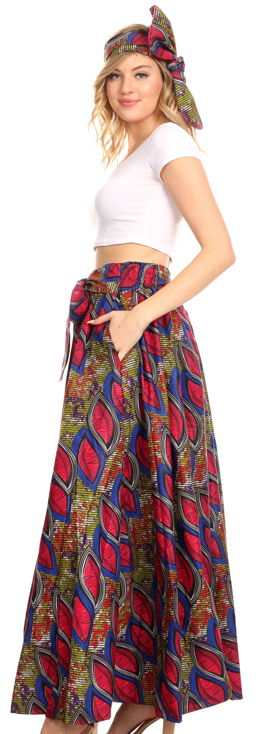 Sakkas Ami Women's Maxi Long African Ankara Print Skirt Pockets & Elastic Waist