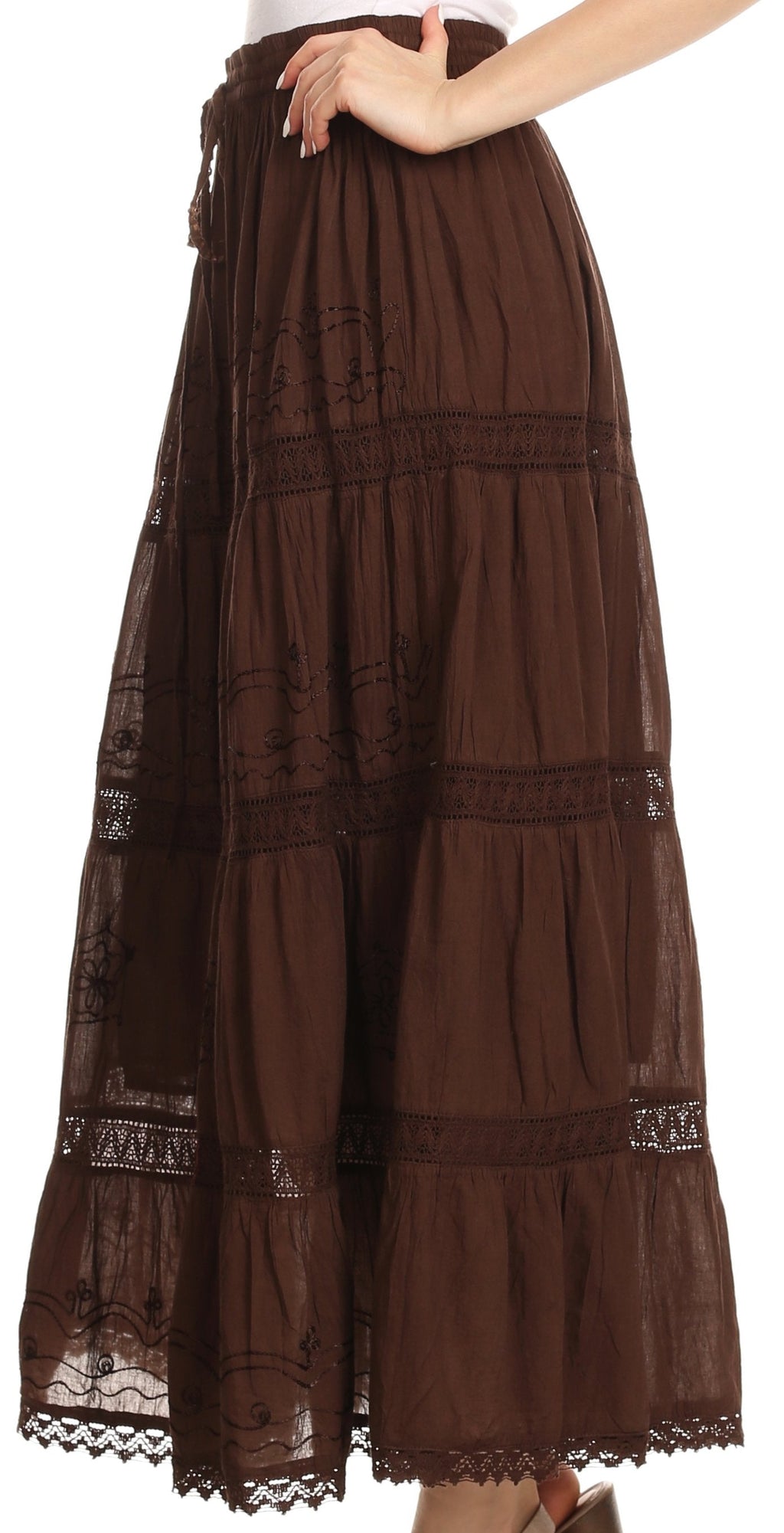Sakkas Solid Embroidered Gypsy Bohemian Mid Length Cotton Skirt