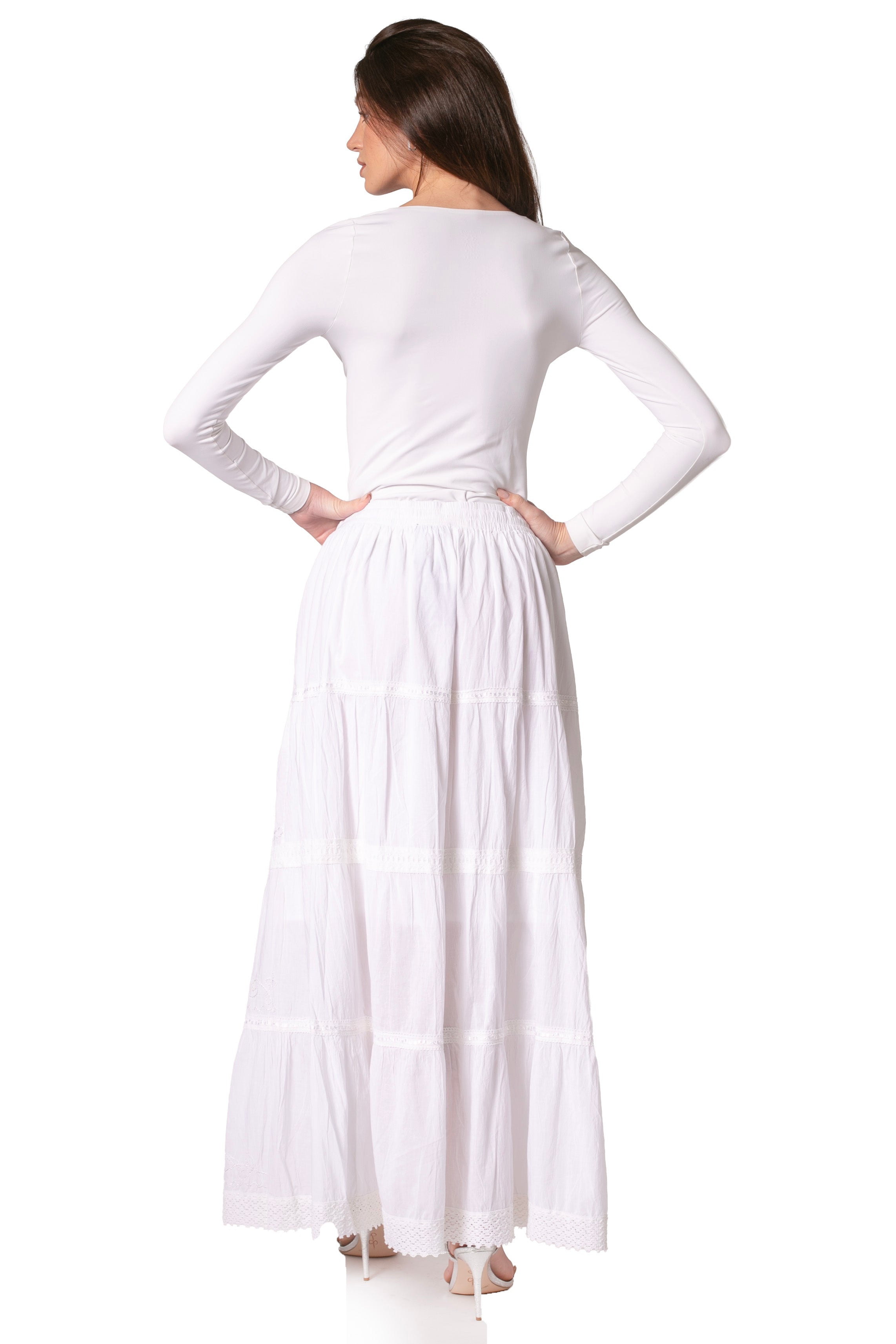 Sakkas Solid Embroidered Crochet Lace Trim Gypsy Bohemian Mid Length Cotton Skirt