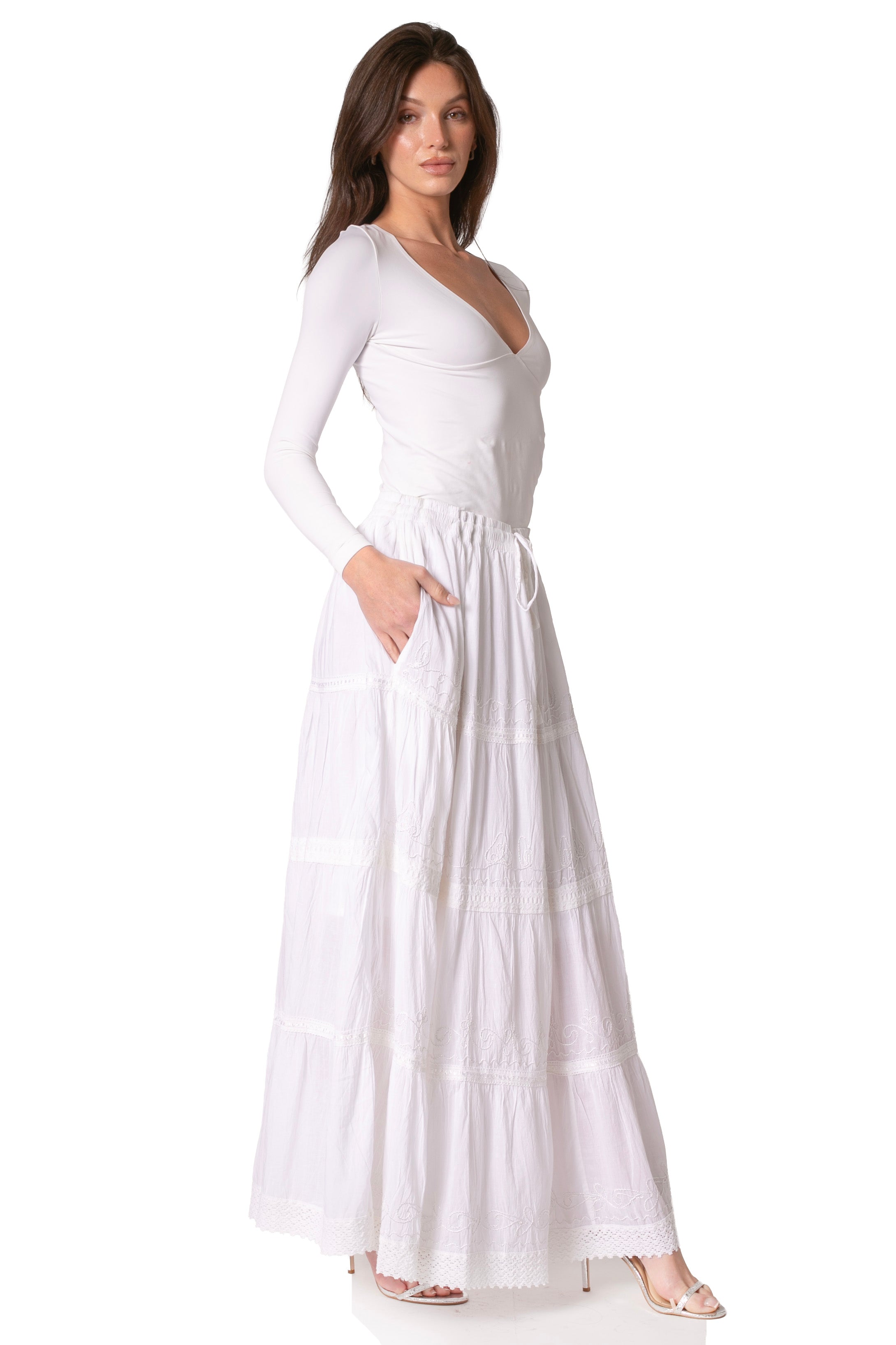 Sakkas Solid Embroidered Crochet Lace Trim Gypsy Bohemian Mid Length Cotton Skirt