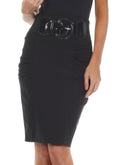 Sakkas Petite High Waist Shirred Stretch Pencil Skirt with Wide Belt