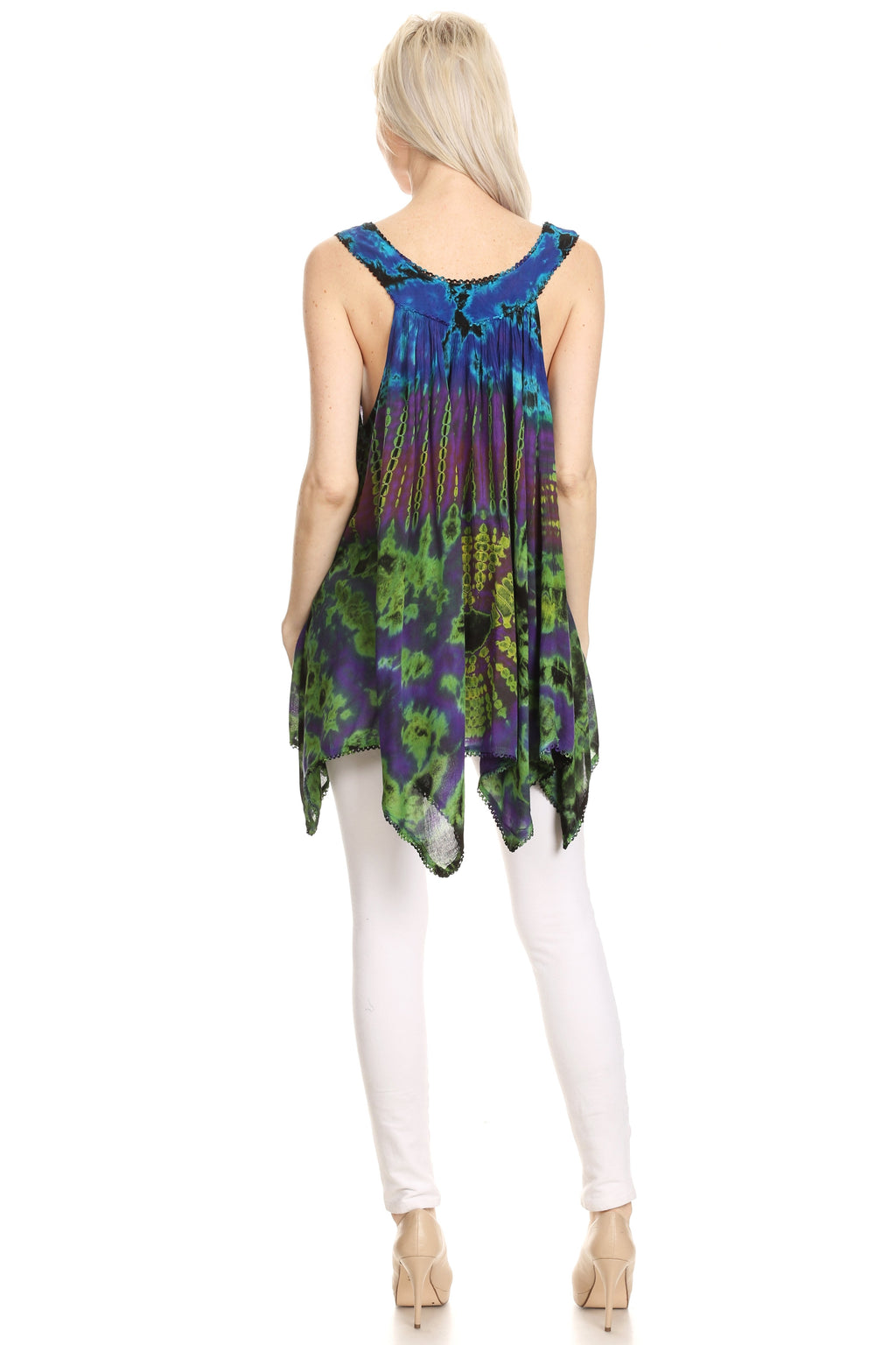 Sakkas Nalu Sleeveless Relaxed Fit Multi Color Tie Dye V-Neck Blouse | Cover Up