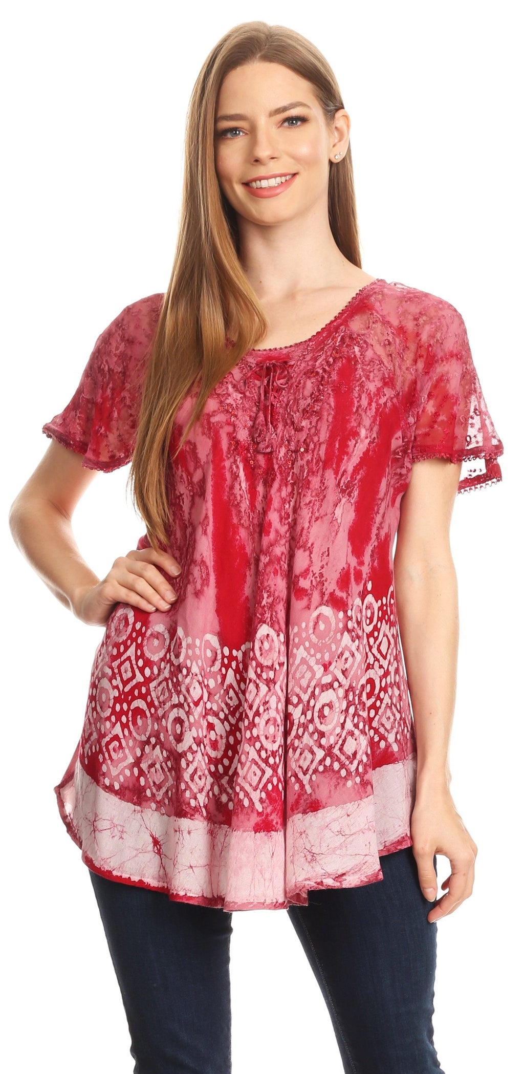 Sakkas Sara Womens Flowy Peasant Short Sleeve Top Blouse Tie-dye Batik Embroidery