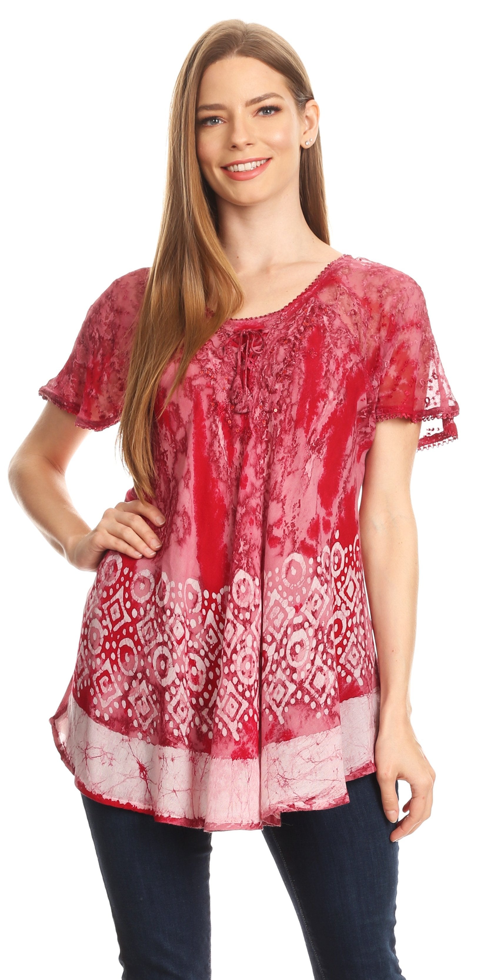 Sakkas Sara Womens Flowy Peasant Short Sleeve Top Blouse Tie-dye Batik Embroidery