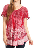 Sakkas Sara Womens Flowy Peasant Short Sleeve Top Blouse Tie-dye Batik Embroidery