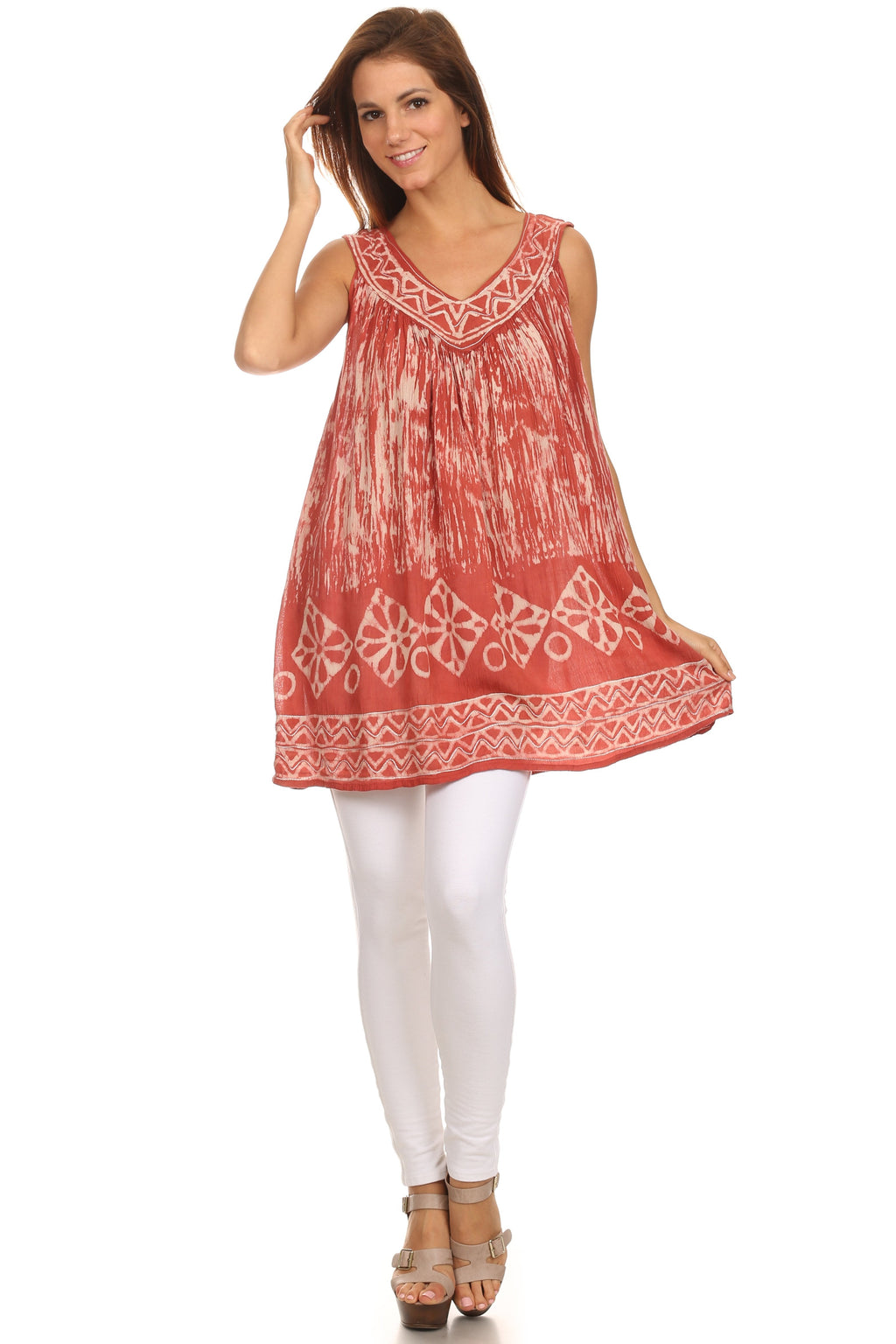 Sakkas Wanda May Embroidered Batik Scoop Neck Relaxed Fit Sleeveless Blouse