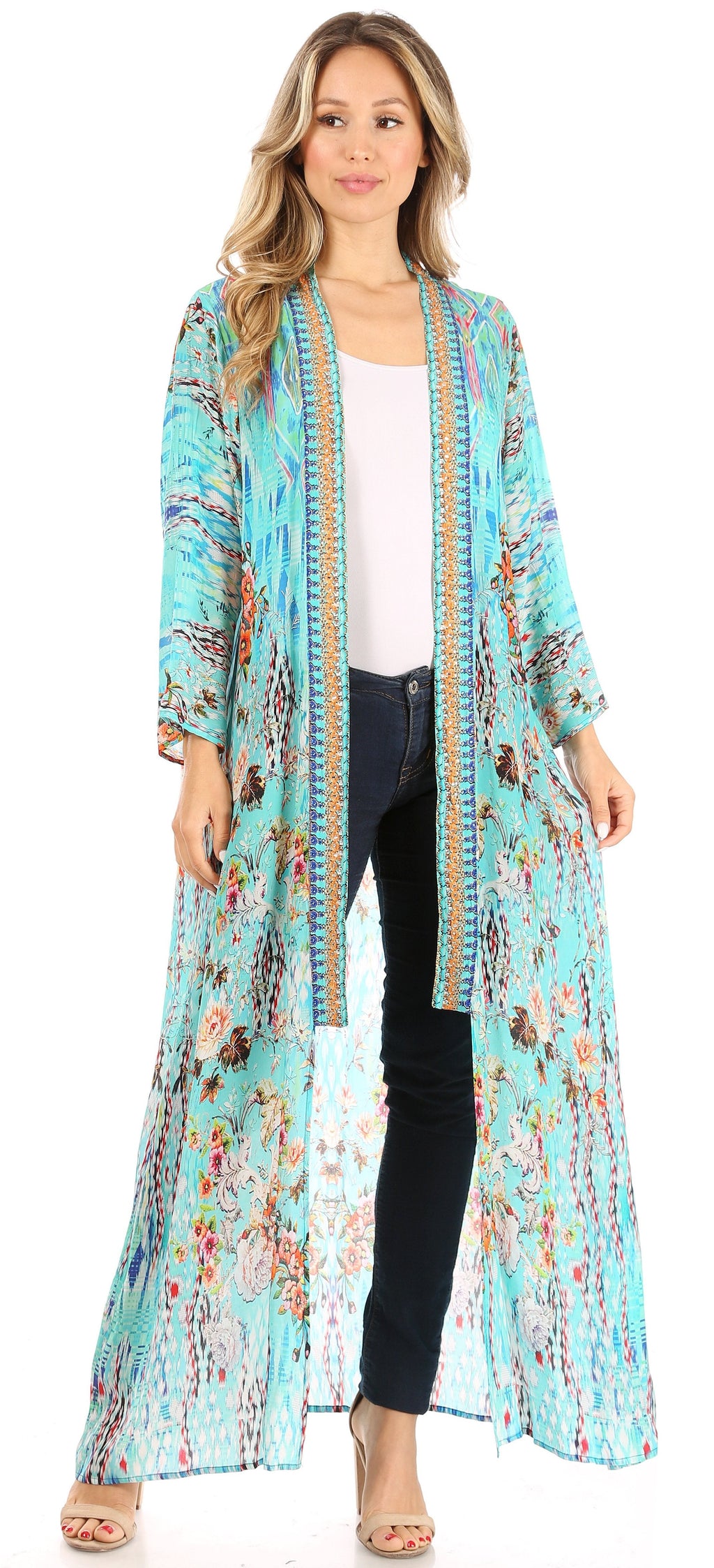 Sakkas Iona Women's Casual Boho Long Kimono Cardigan Open Front Floral Print Loose