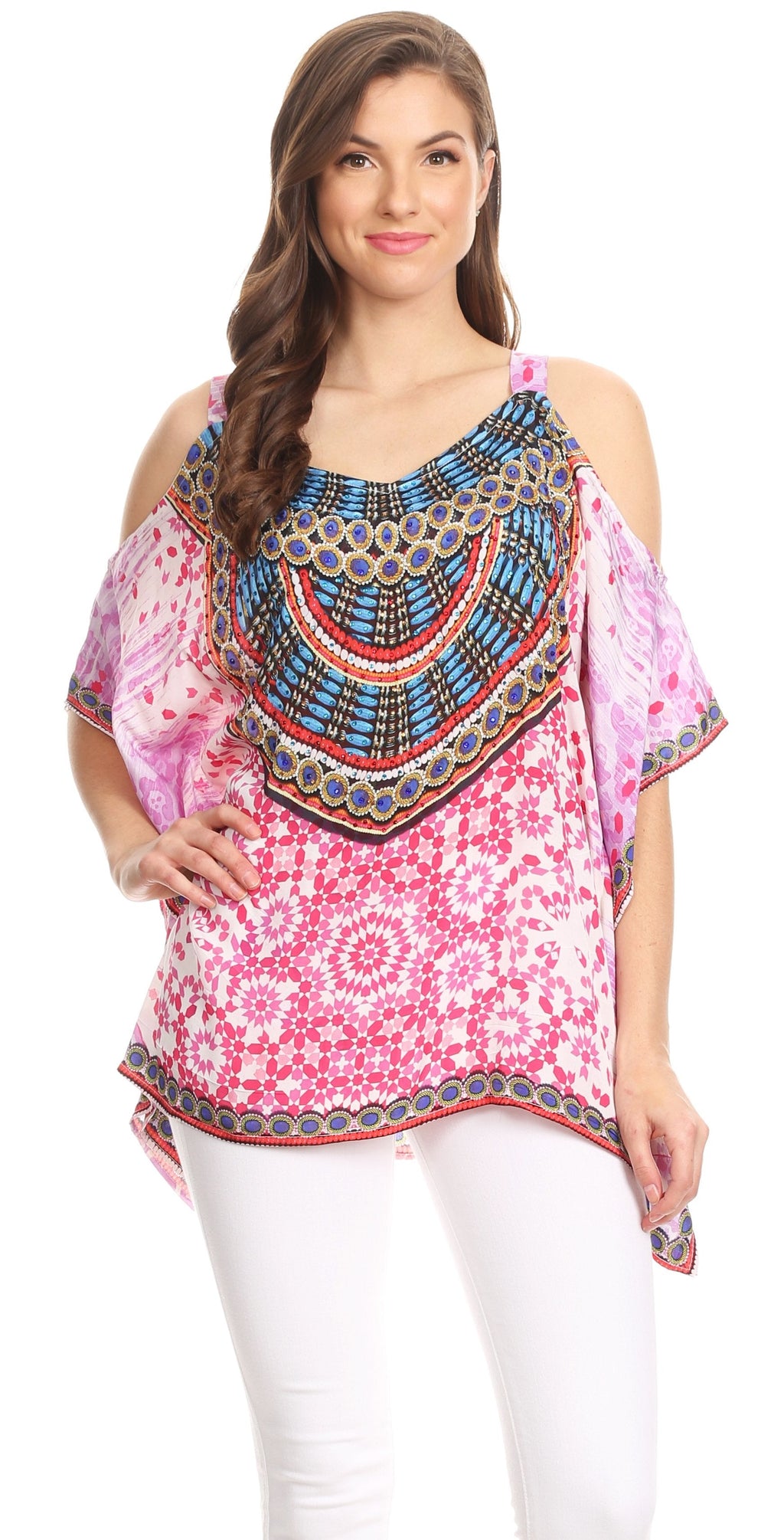 Sakkas Saanvi Printed Draped Short Sleeve Strap Cutout Shoulder V-Neck Kaftan Top