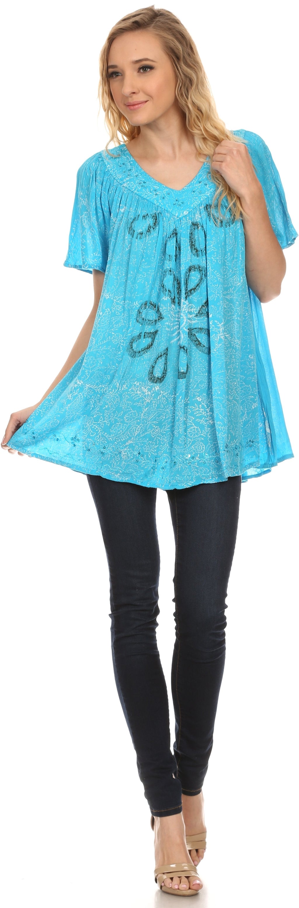 Sakkas Talulla Long V Neck Batik Floral Leaf Embroidered Printed Blouse Shirt Top