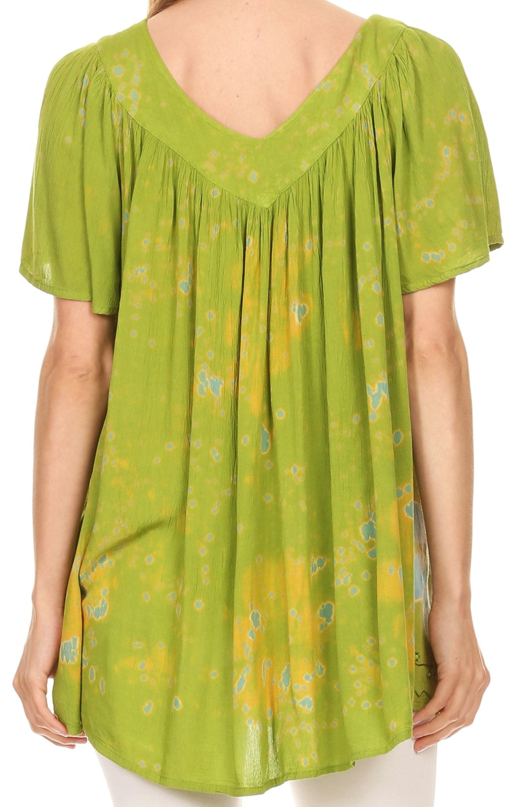 Sakkas Poppy Floral Hand Dyed Dye Pattern Top Blouse With Beaded Sequin V Neck