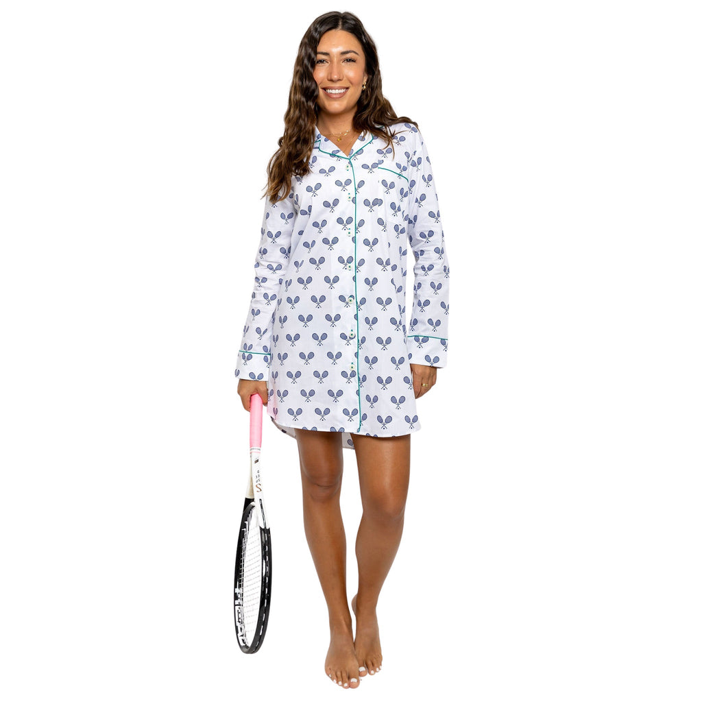 Women's Tennis Navy Night Shirt - Organic Cotton Poplin