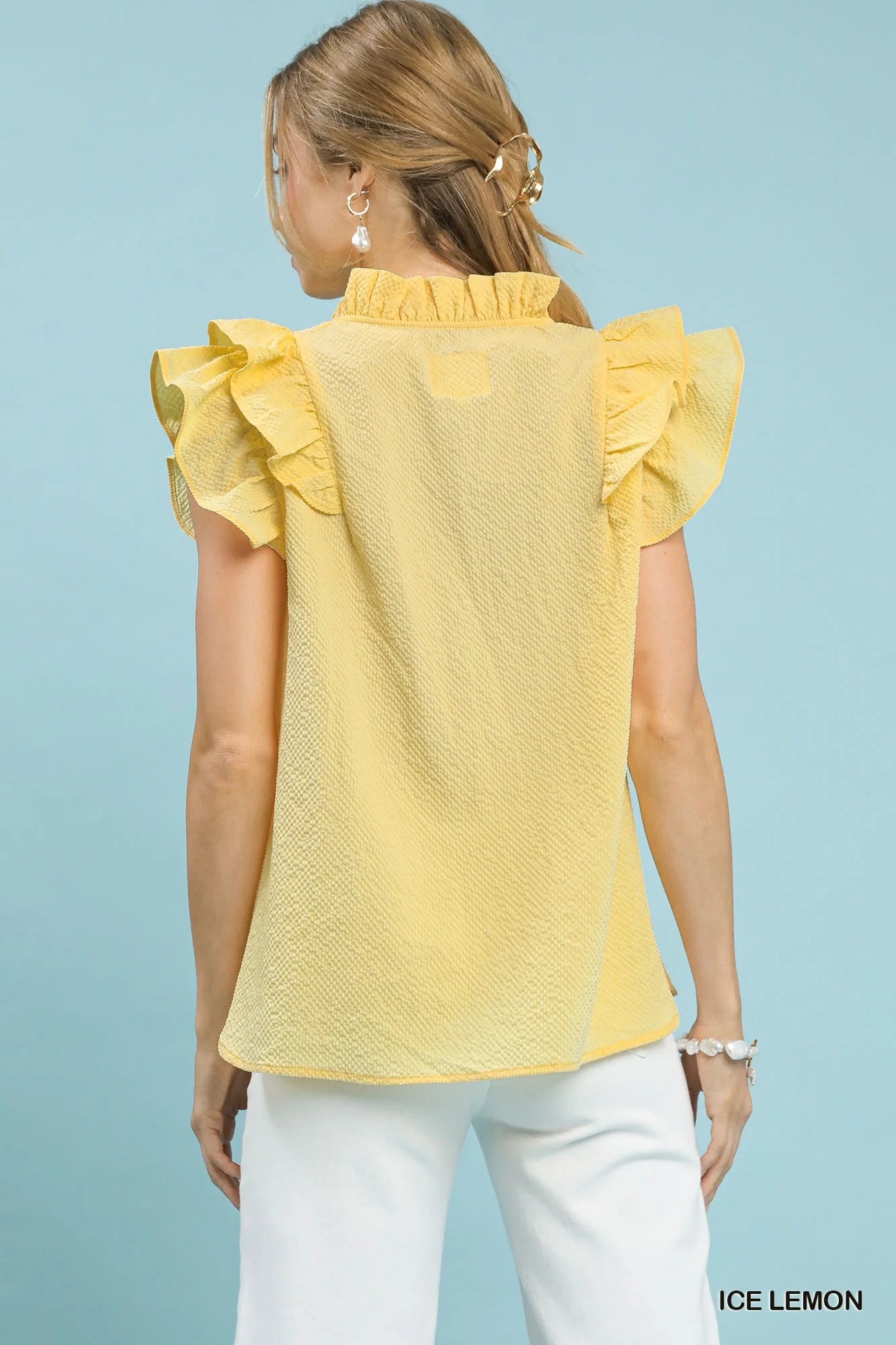 Umgee Textured Ruffle Sleeve V-Neck Blouse