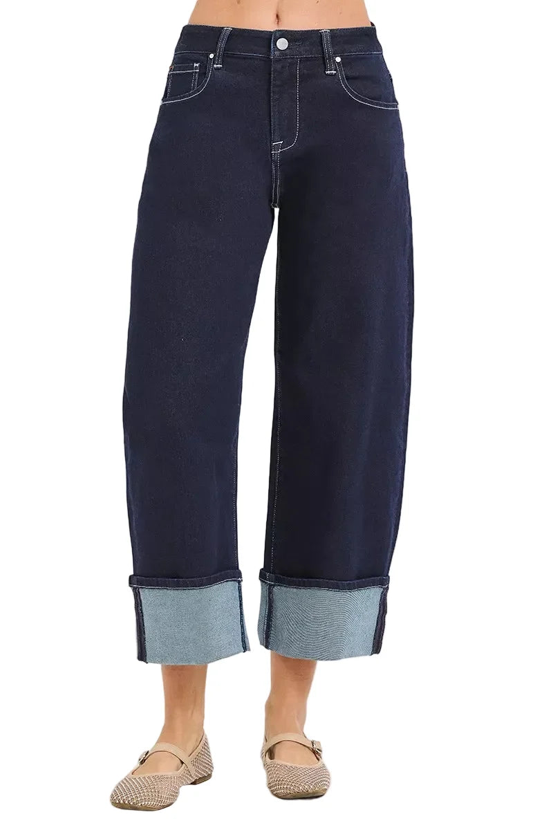 RISEN Slouchy Crop Barrel Cuffed Hem Dark Blue Jeans