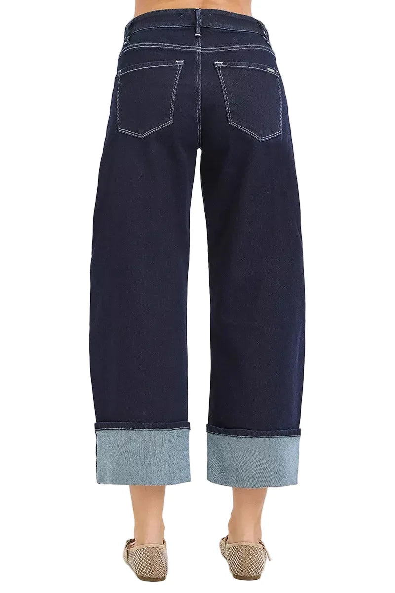 RISEN Slouchy Crop Barrel Cuffed Hem Dark Blue Jeans