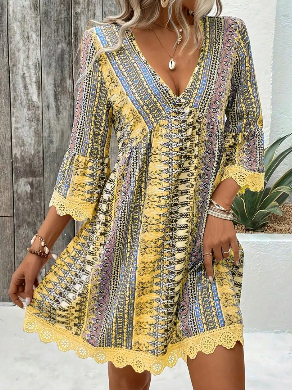 Printed V-Neck A-Line Dress