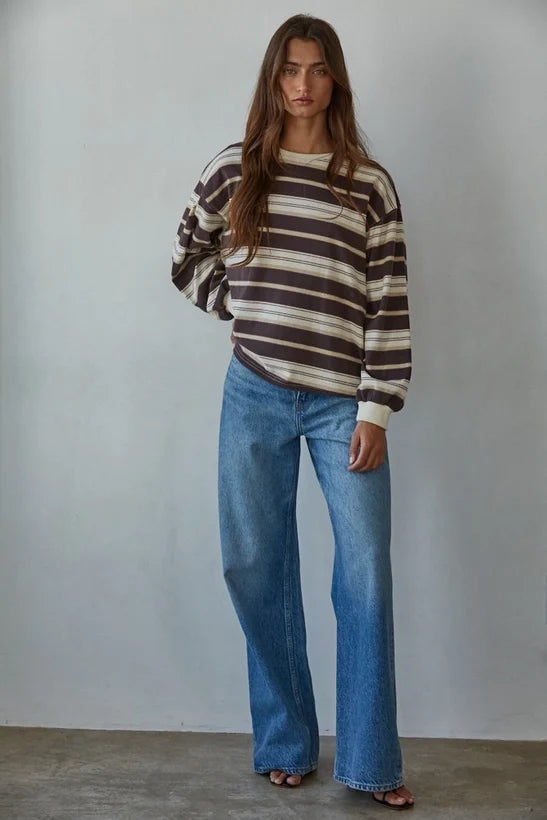 Knit Cotton Multi Striped Crew Neck Long Sleeve Top