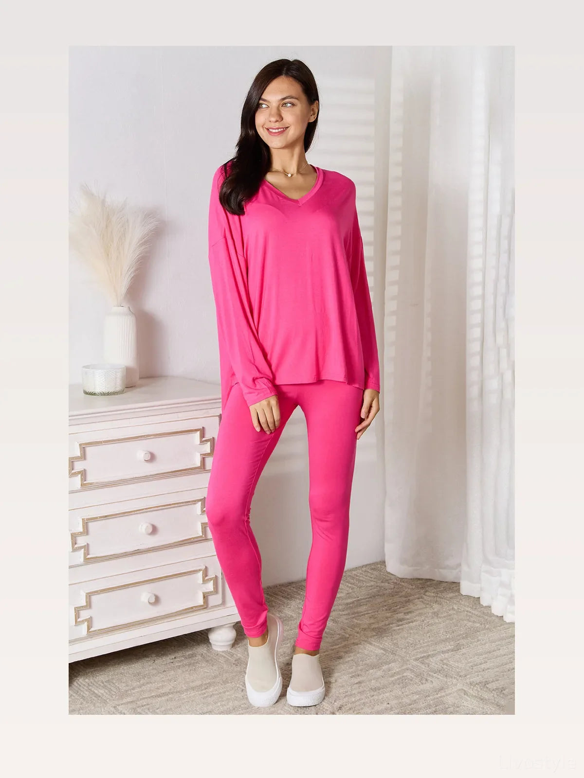 V-Neck Soft Rayon Long Sleeve Top and Pants Lounge Set