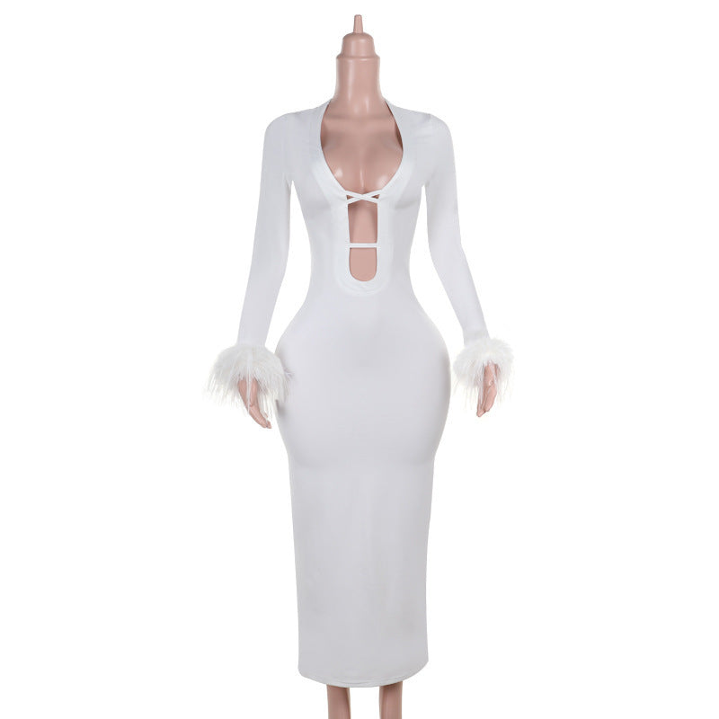 New sexy White Autumn U bust line Hollow Feather sleeves Long Dress for women
