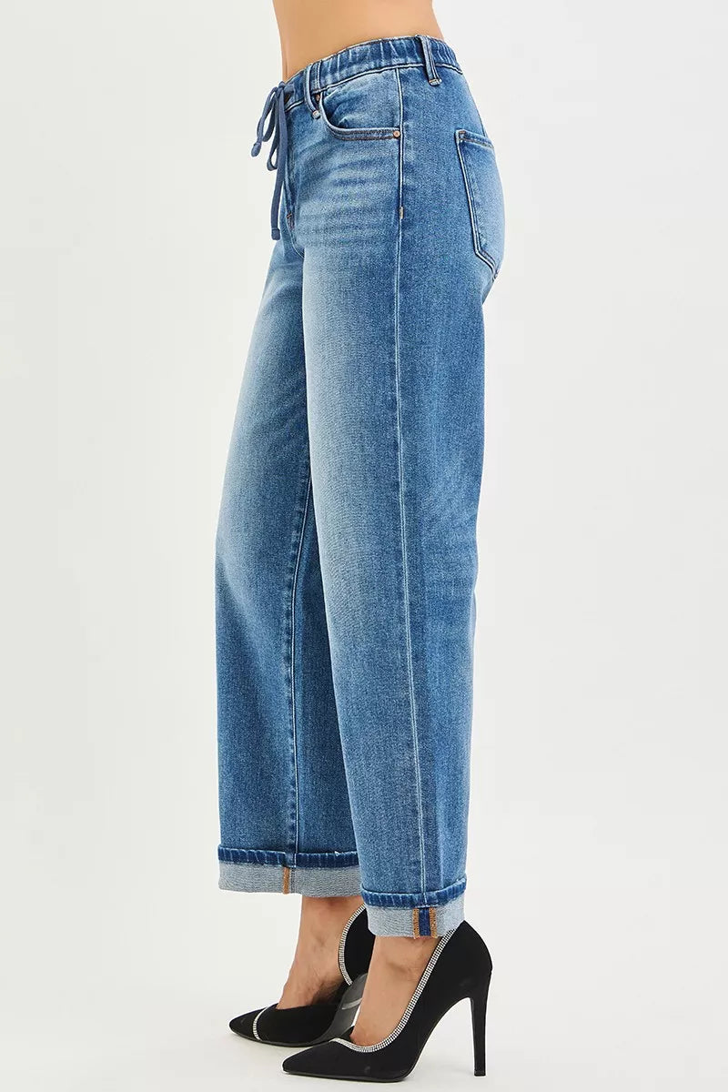 Elastic Band Slouch Ankle Boyfriend Cuffed Hem Jeans