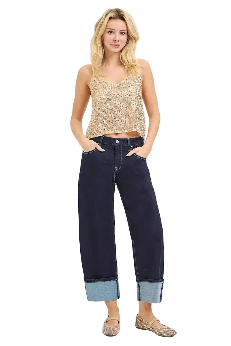 RISEN Slouchy Crop Barrel Cuffed Hem Dark Blue Jeans